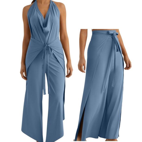 Halara Blue Boho Palazzo Split Wide Leg Wrap Pants Jumpsuit Size XS - Picture 1 of 16